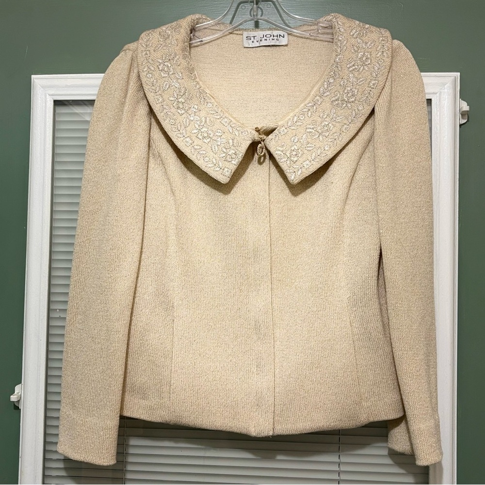 ST.JOHN Women's Knit Metallic Gold Beige Shimmer Jacket Sz Small